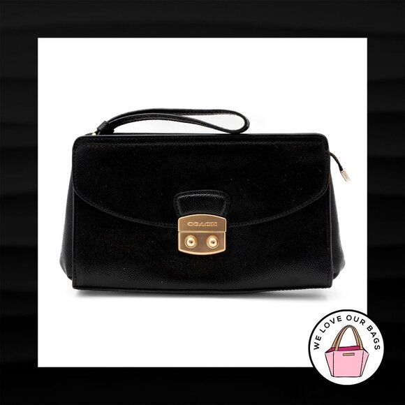 NEW $275 COACH Large FLAP CLUTCH Black Crossgrain Leather Brass Wristlet Bag - Picture 1 of 5